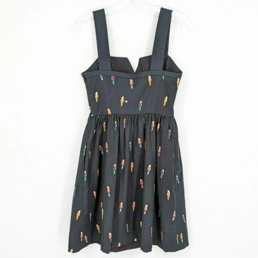 Kate Spade Flock Party Dress 0 Black Parrot Jacquard Fit N Flare Mock Wrap Mini